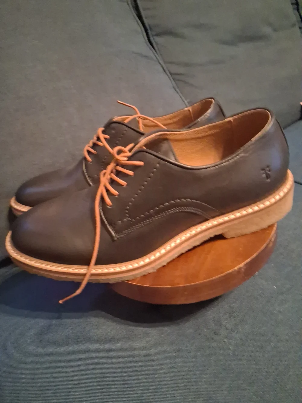 Frye Black Leather Derby Shoes with Tan Laces